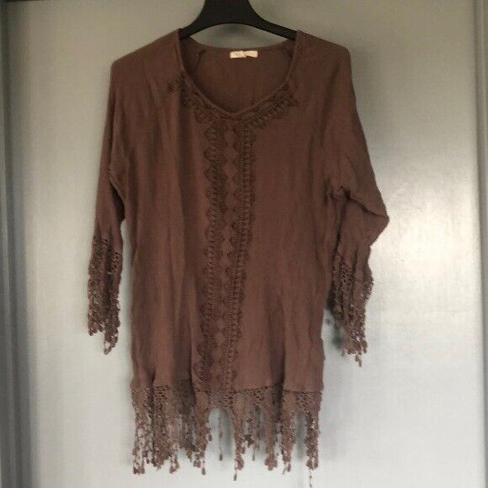 INDIGO SOUL Top Women's 3XL embroidery crochet fringe 3/4 sleeves Tunic Boho